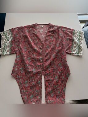 Max Studio Pink Floral Split V-Neck Blouse Boho Kimono Dolman Sleeve Size S
